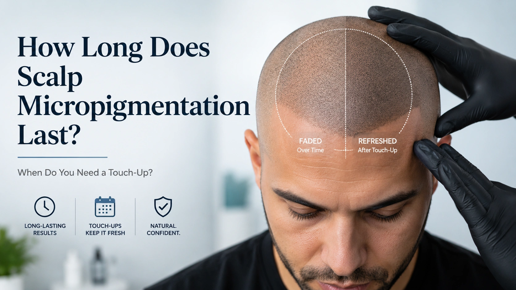 Informational image about scalp micropigmentation: a man’s shaved head with a dotted guide circle and gloved hands, plus the headline about lasting results and touch-ups.