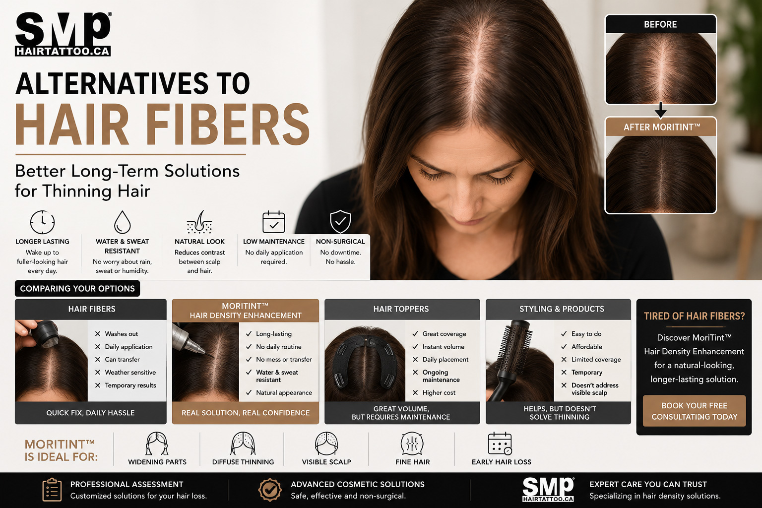 Advertisement for alternatives to hair fibers with a model looking down; shows before/after scalp coverage on the right and icons at the bottom.