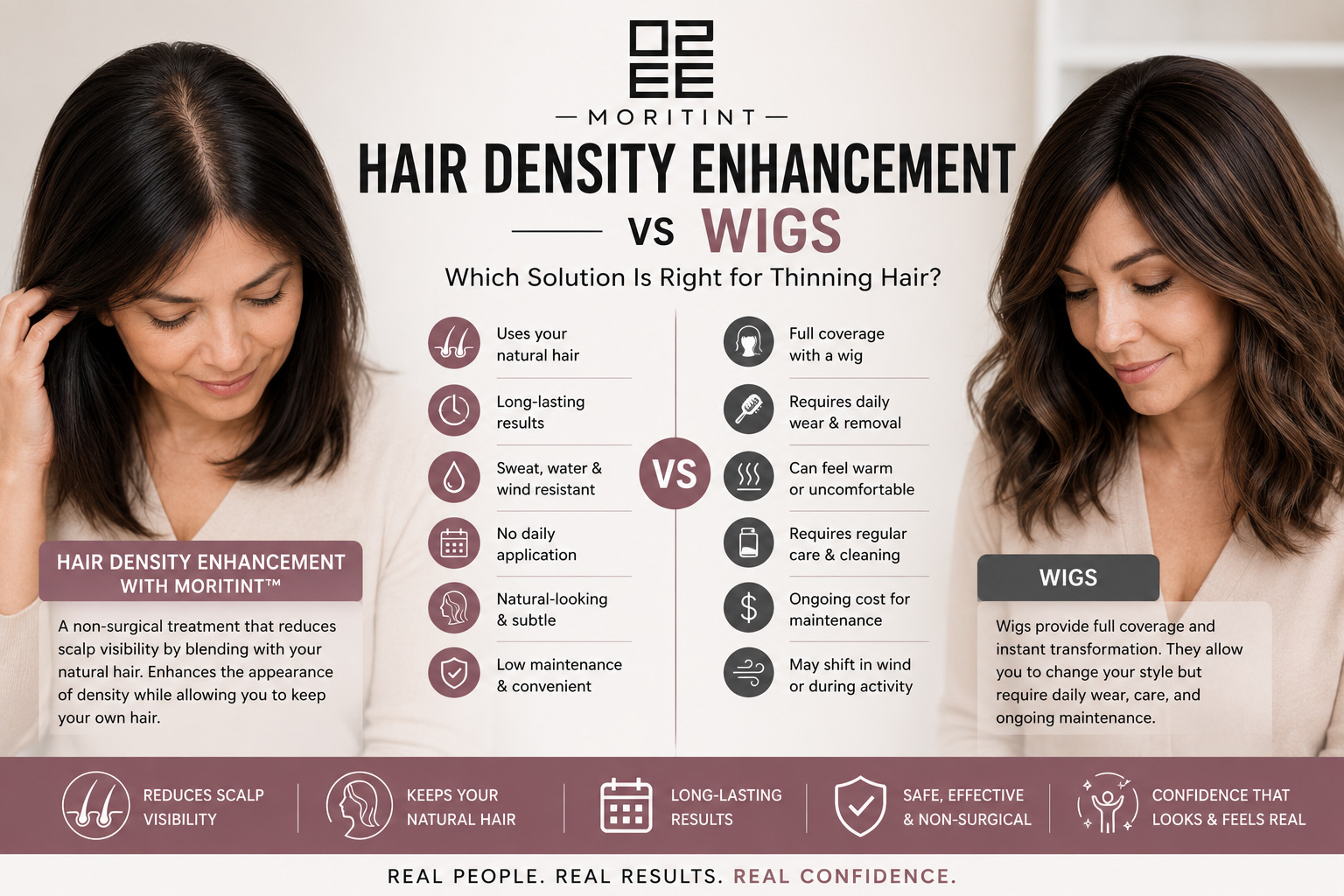 Infographic comparing hair density enhancement with Moritint to wigs, showing pros and cons for thinning hair near a central VS symbol.