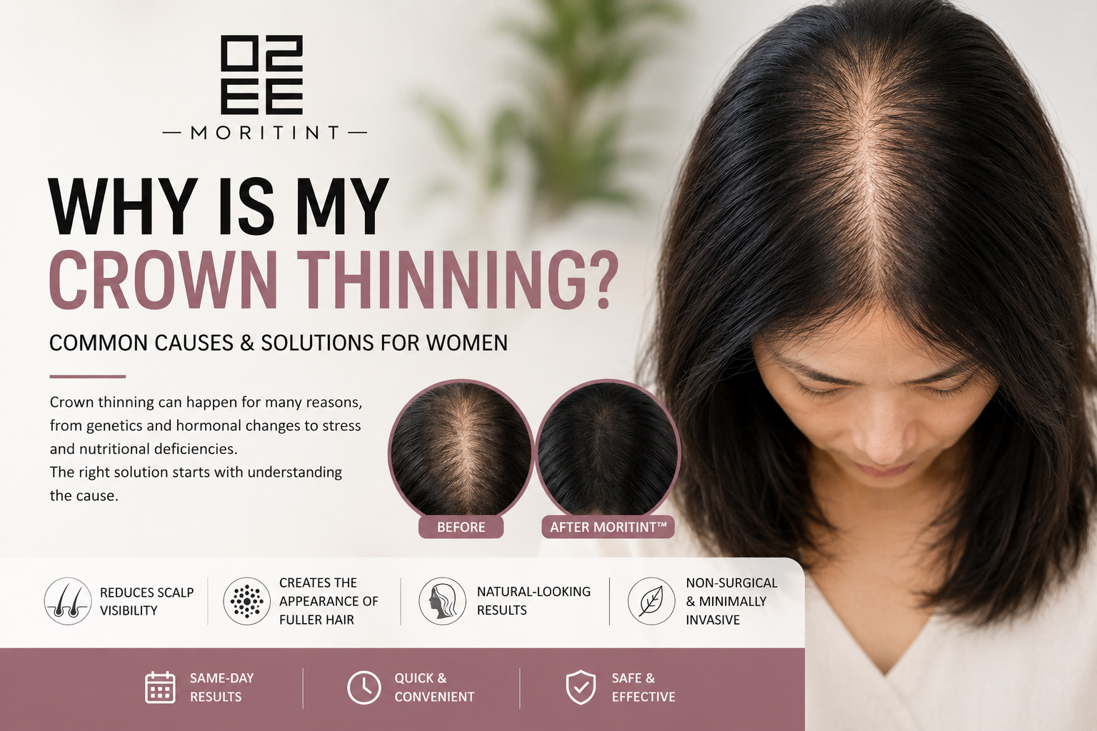 Advertising banner for crown thinning treatment showing a woman with a visible scalp at the crown and before/after circles labeled 'Before' and 'After Morintint'.